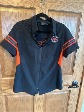 Size Large Harley-Davidson Black & Orange Short Sleeve Zip-Front Shirt